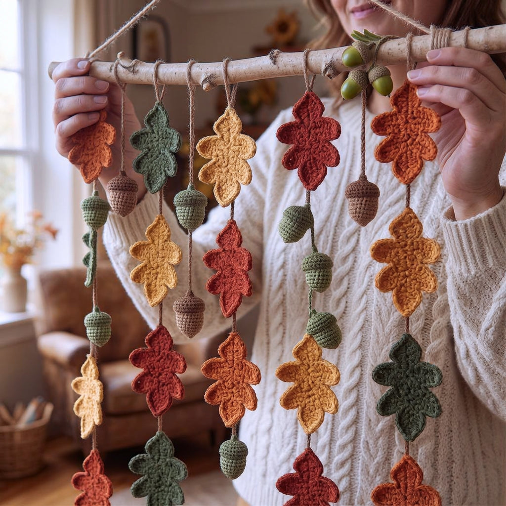 Herfstslinger met eikenbladeren en eikeltjes (NL Digitaal Haakpatroon)